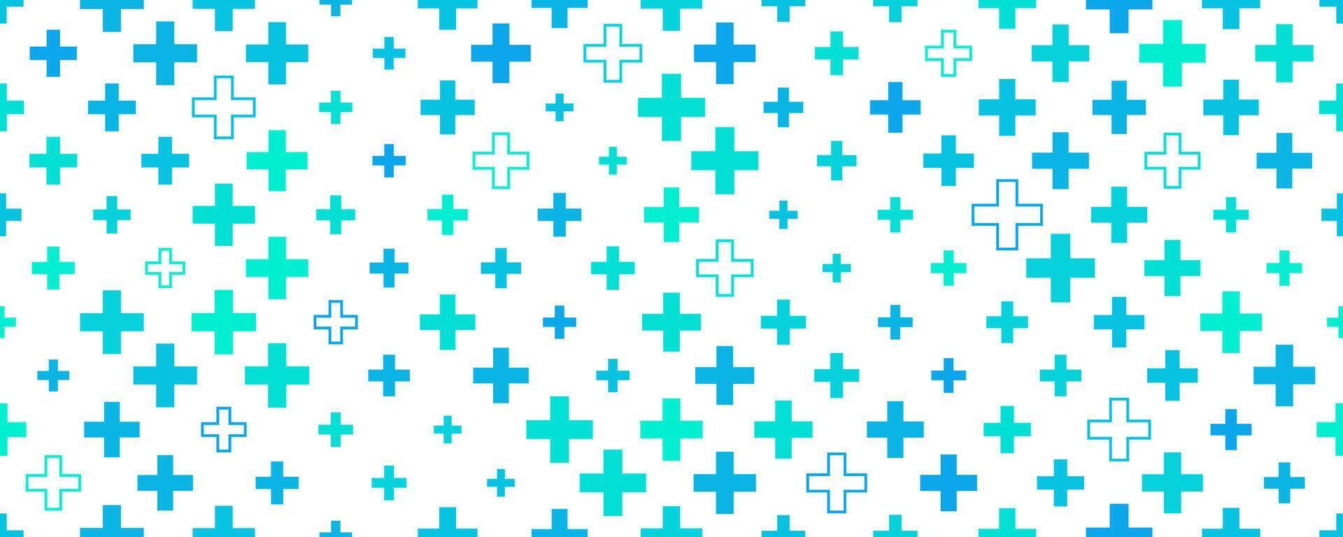 Medical cross and plus background. Abstract seamless blue and green pattern for hospital and pharmacy. Geometrical shapes ornament. Vector backdrop