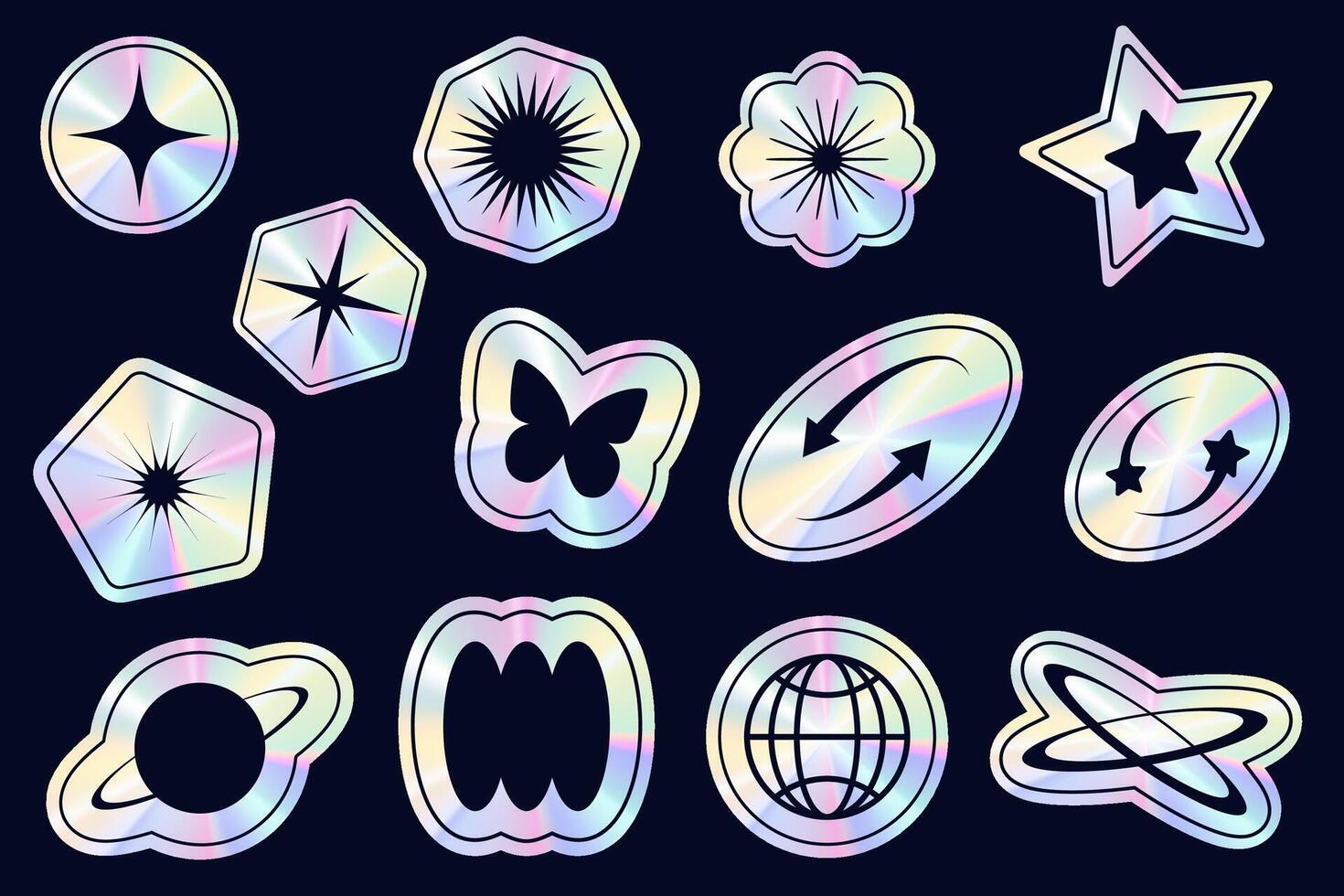 Y2k holographic stickers set. Retro gradient foil shapes and labels. Futuristic rave neon collection. Textured graphic badges. Vector 2000s elements.