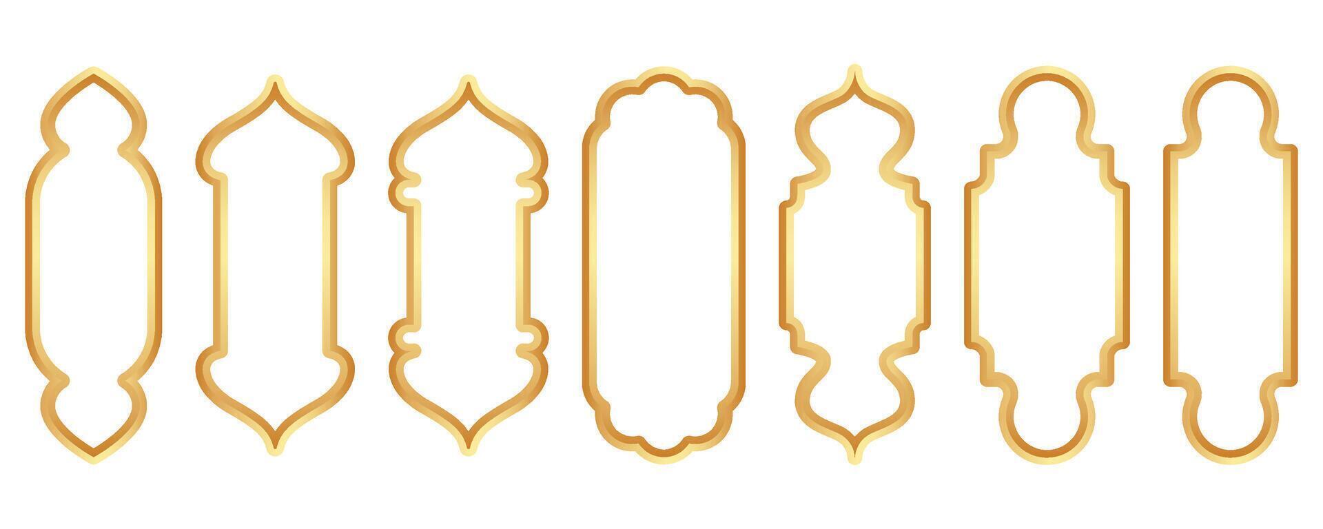 Ramadan golden frame. Islamic window shape. Arabic vector arch. Muslim vintage border for design. Indian decoration in oriental style.
