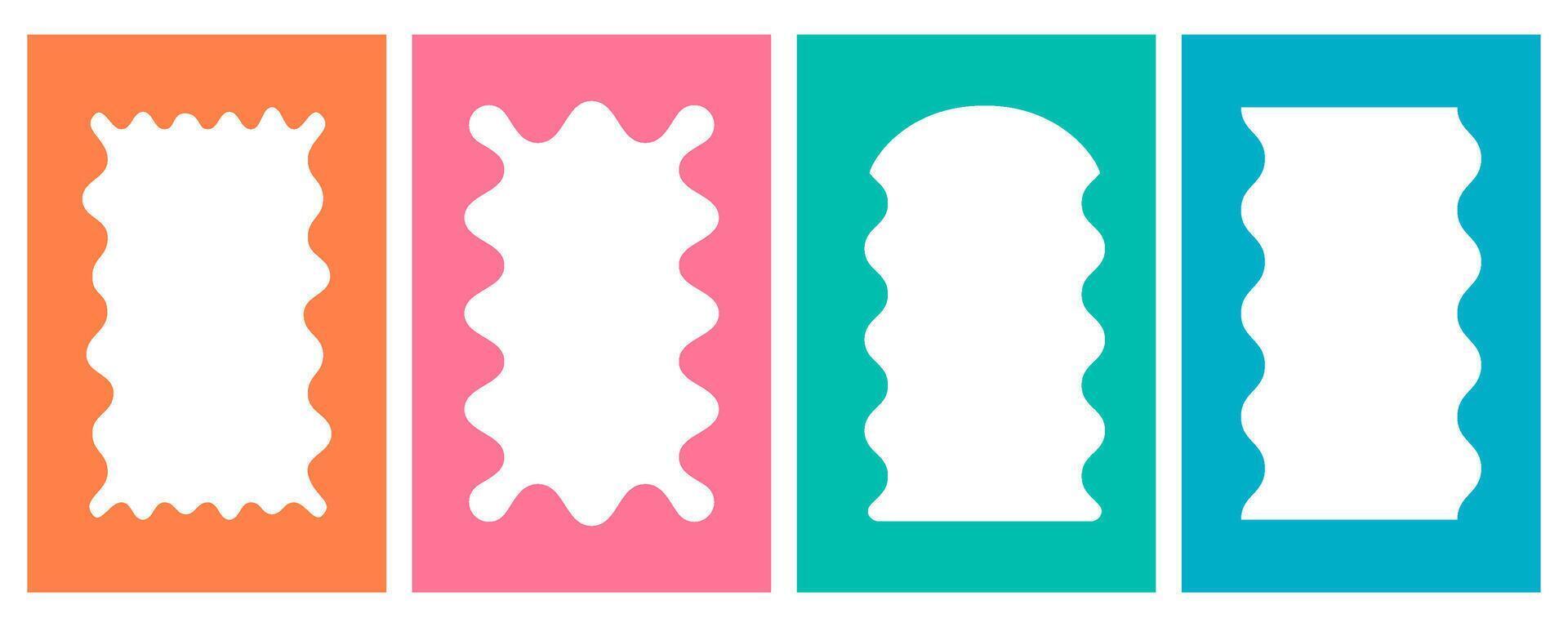 Psychedelic retro wavy frame. Rectangle groovy border with scallop edge. Vector doodle squiggle aesthetic banners. Funky geometric abstract shapes for post and story. Y2k cute decoration