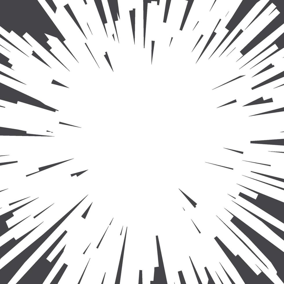 Manga speed lines effect. Anime comic radial burst background. Light rays power splash. Vector black stripes abstract perspective template.