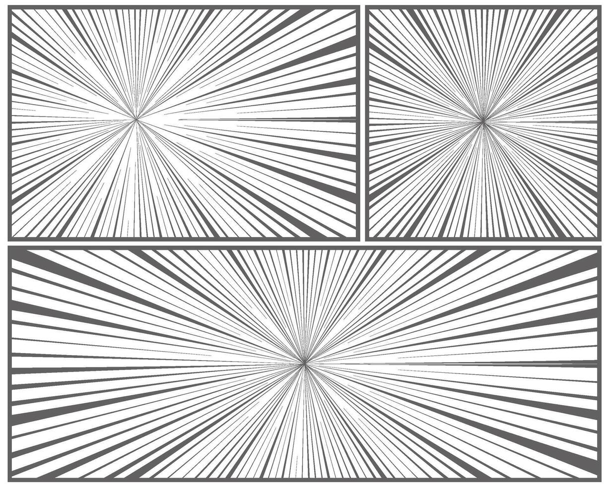 Manga speed lines effect. Anime comic radial burst background. Light rays power splash. Vector black stripes abstract perspective template.