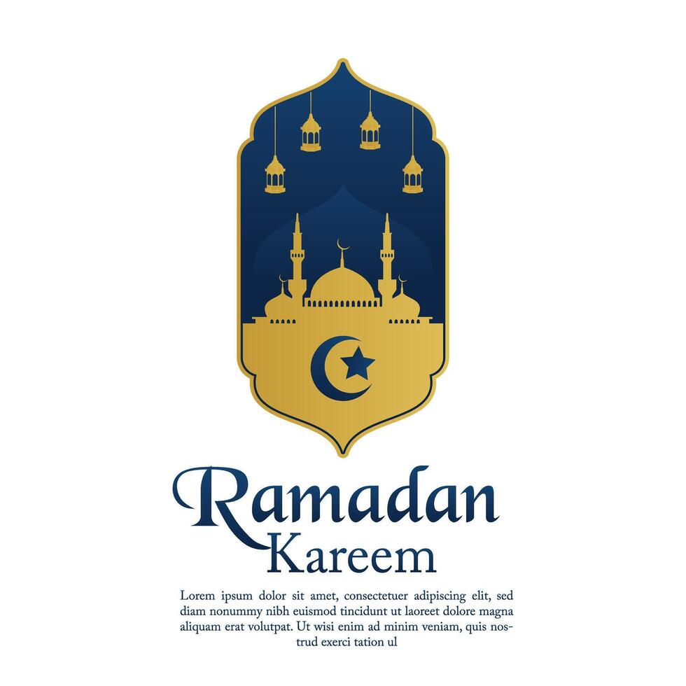 Ramadán kareen vector póster plano Arte con mezquita condenar y colgando linterna en antecedentes creciente Luna y estrellado cielo noche diseño aislado gratis editable para contenido material activo