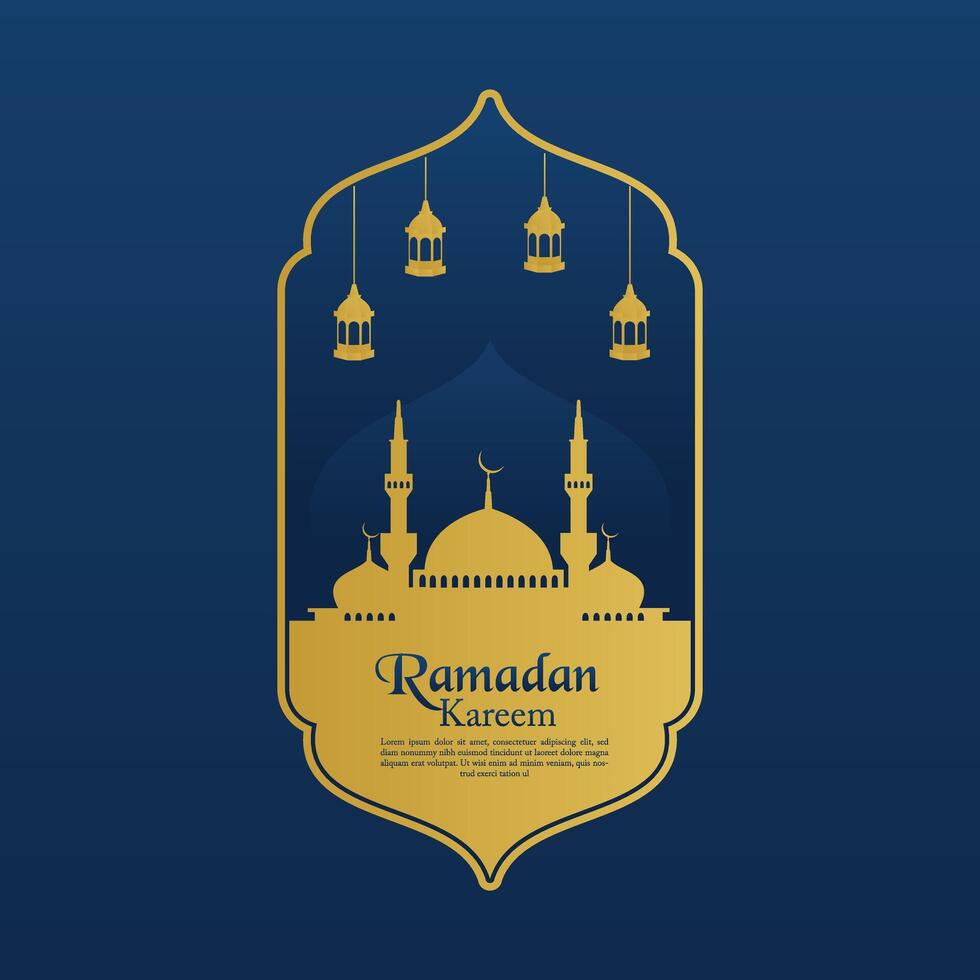 Ramadan Kareen Vector poster flat art with mosque doom and hanging lantern in background Crescent moon and starry sky night Design isolated free editable for content material asset