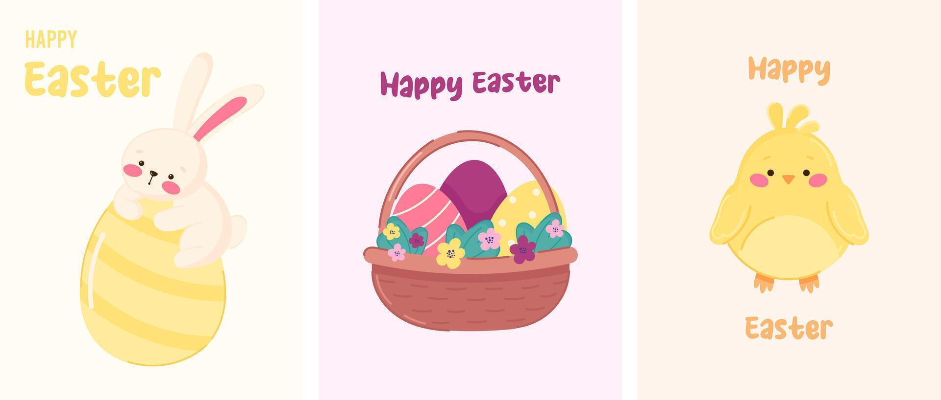 Happy Easter set of cards, posters, banner templates with cute bunny, chick and basket with Easter eggs vector