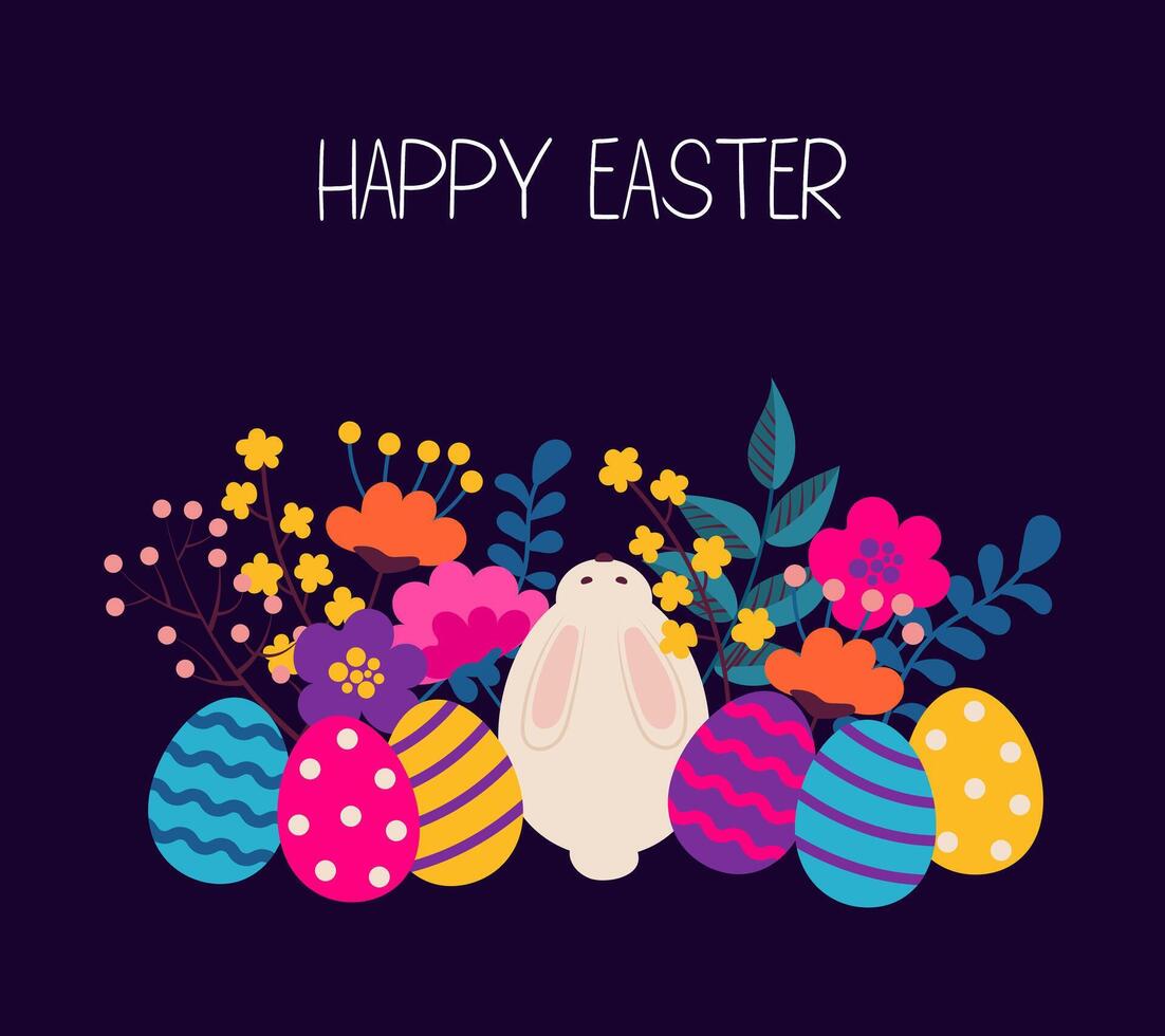 Happy Easter background, postcard, poster, greeting card with bunny, flowers, easter eggs. Cute Easter Bunny, flowers and colourful eggs vector