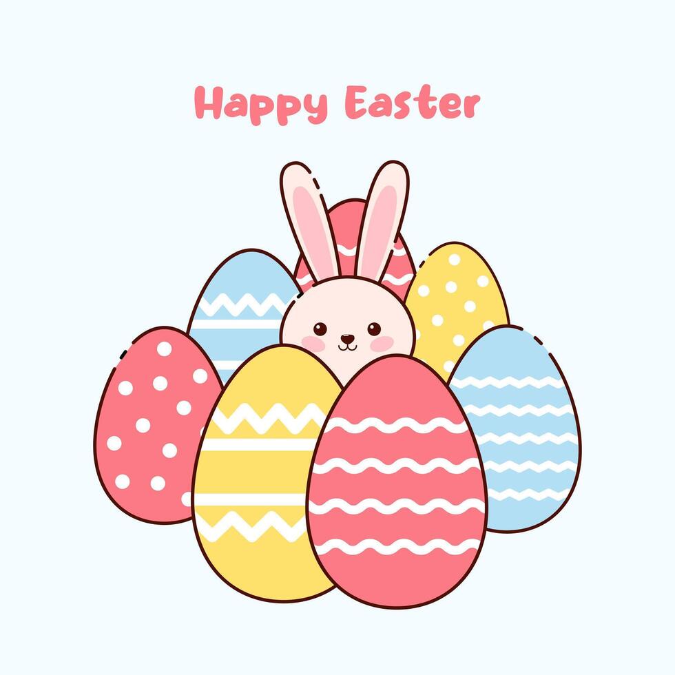 Happy Easter banner, poster, greeting card. Greeting card with Easter eggs and cute bunny. Cute easter bunny peek out behind colorful eggs vector