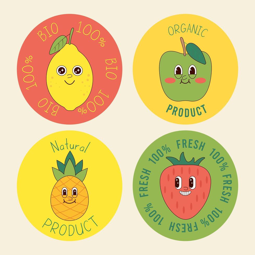 Labels, stickers with cute cartoon fruits in groovy style. Natural products and vegan lifestyle. Organic product, eco friendly, vegan vector