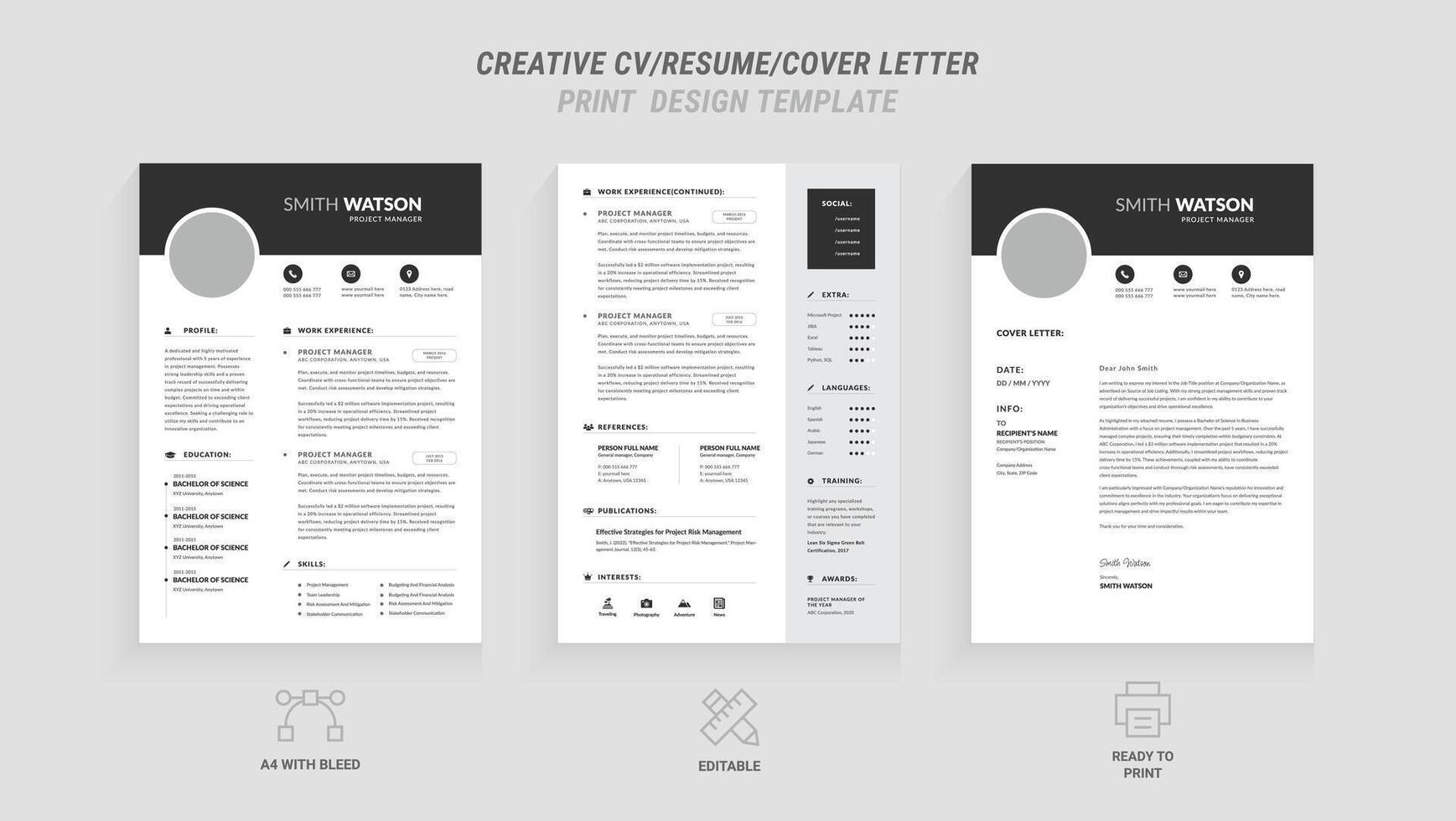 Present yourself professionally with our Minimal Resume, Cover Letter Page Set. Featuring a clean, modern design with a dark sidebar. Ideal for business job applications and multipurpos vector