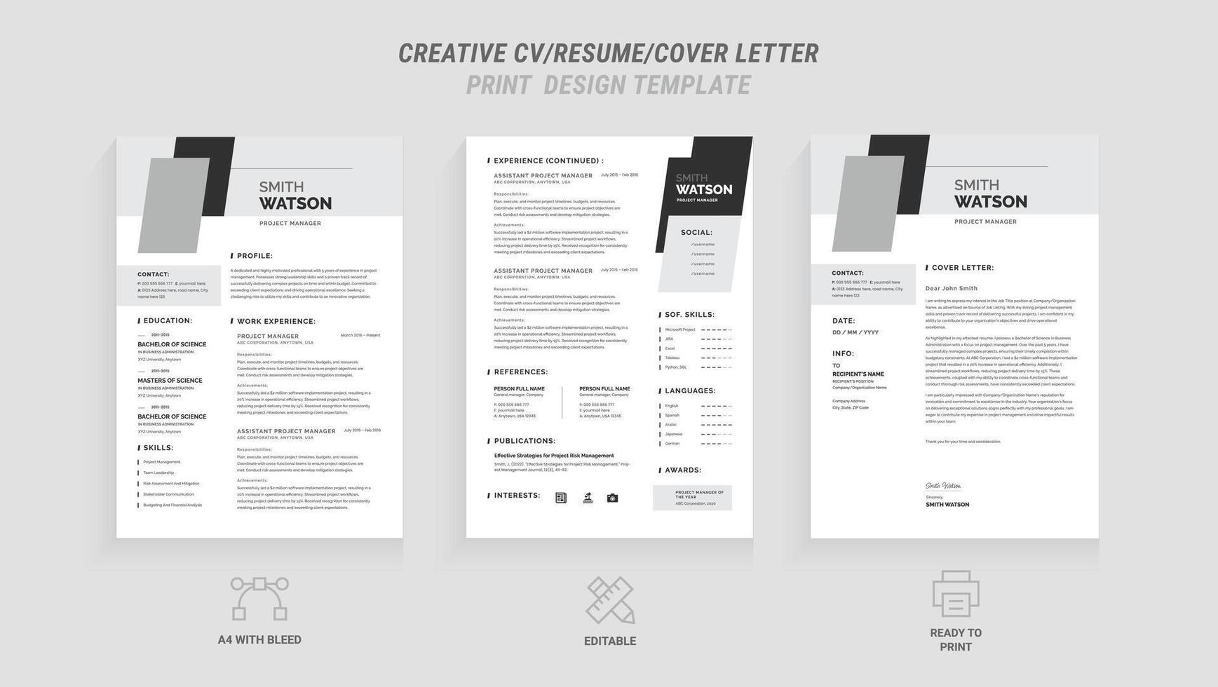 Present yourself professionally with our Minimal Resume, Cover Letter Page Set. Featuring a clean, modern design with a dark sidebar. Ideal for business job applications and multipurpos vector