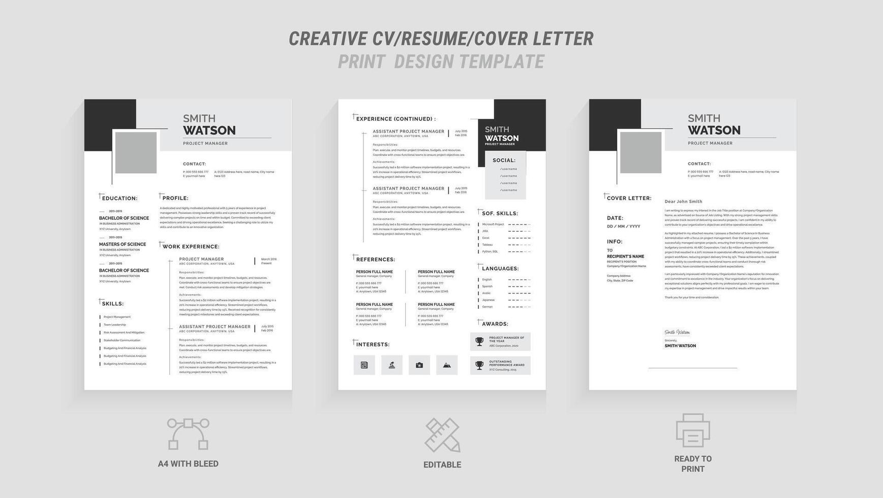 Present yourself professionally with our Minimal Resume, Cover Letter Page Set. Featuring a clean, modern design with a dark sidebar. Ideal for business job applications and multipurpos vector