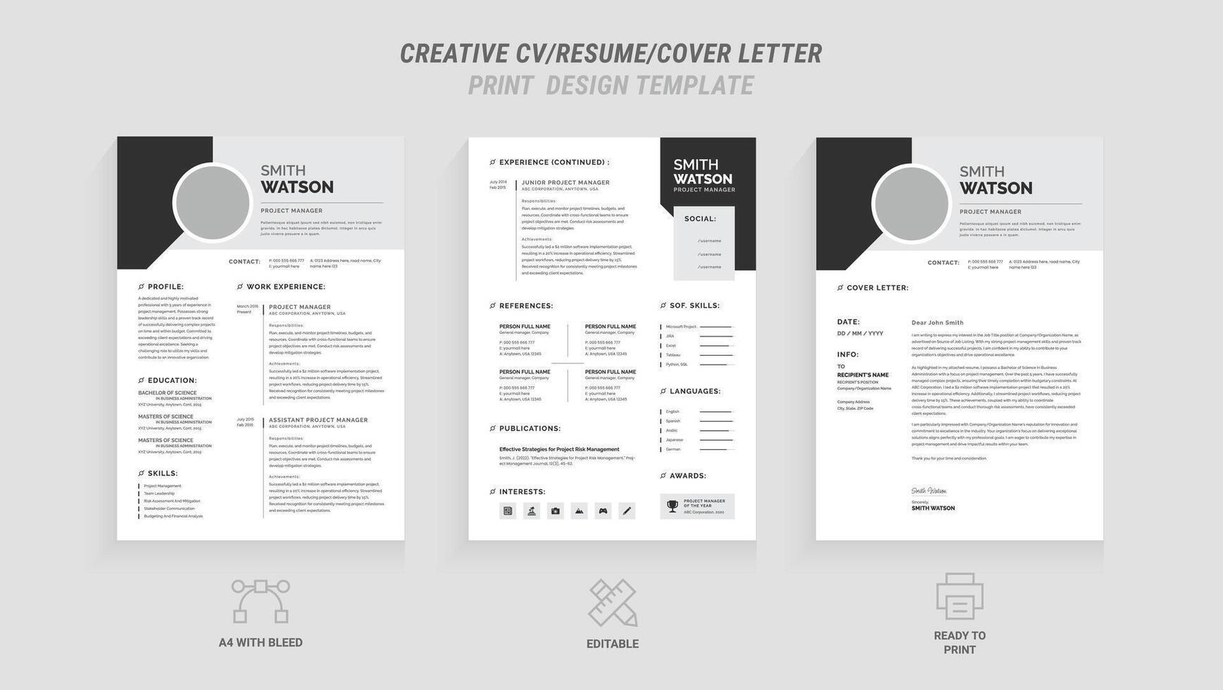 Present yourself professionally with our Minimal Resume, Cover Letter Page Set. Featuring a clean, modern design with a dark sidebar. Ideal for business job applications and multipurpos vector