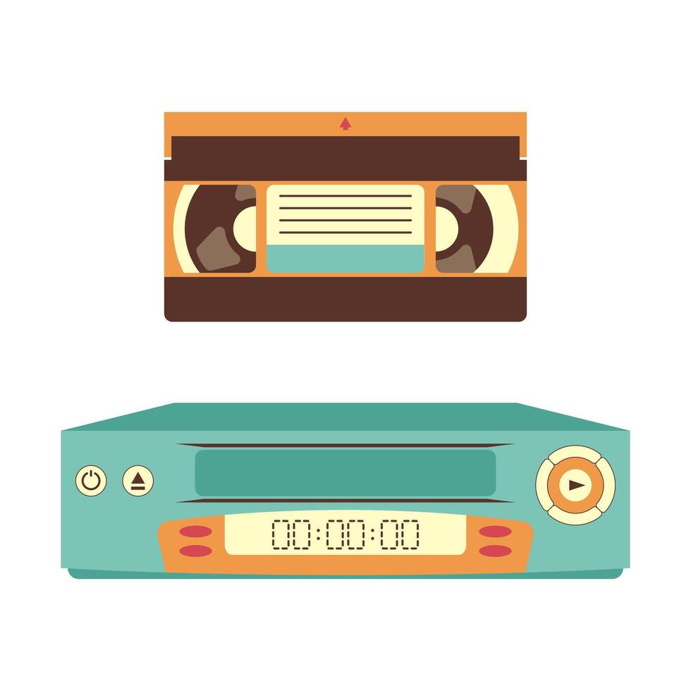 VCR and video cassettes. Technologies of the 90s. Vector illustration in retro style.