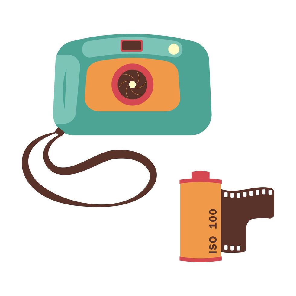 Small, amateur camera and film. Vector illustration in 90s style on a white background.