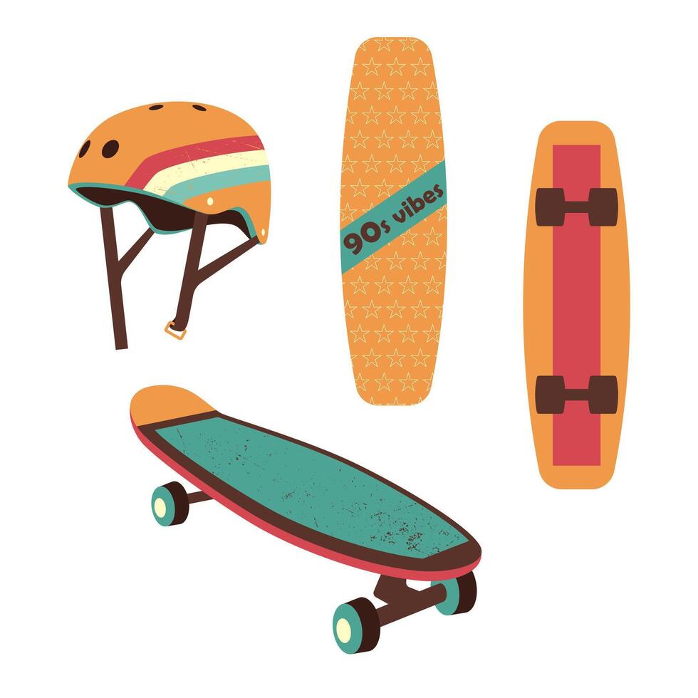 conjunto de patinetas y patinador casco. vector ilustración en 90s estilo, en retro colores.