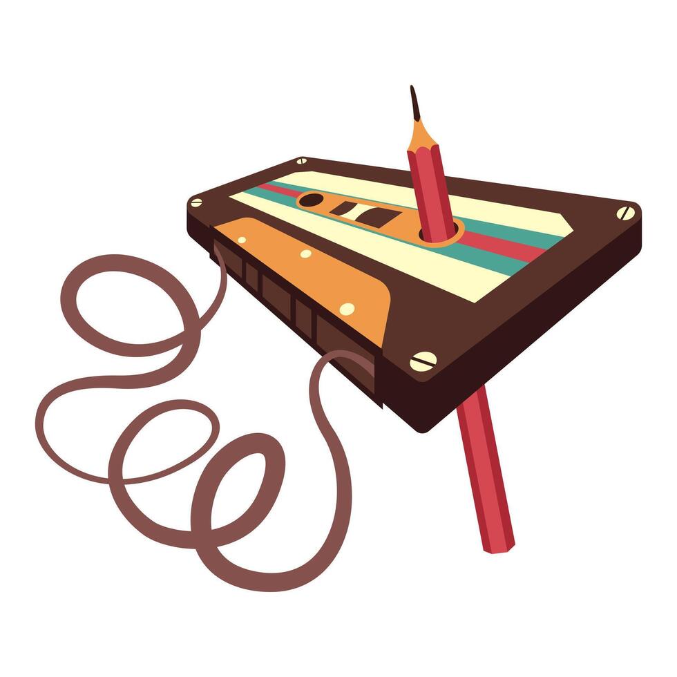 Vintage audio cassette. Vector illustration in 90s style. Rewinding a cassette on a pencil.