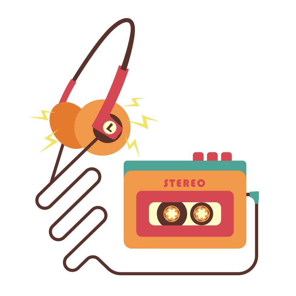 Portable audio player with headphones from the 90s. Vector illustration in retro style.