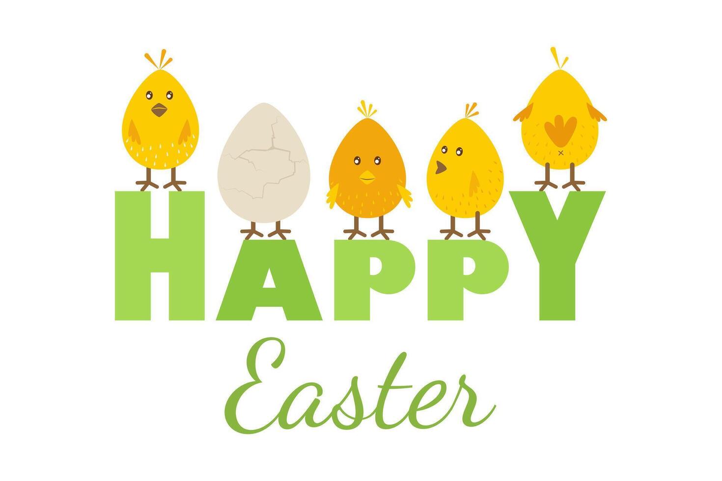 Easter greeting card, little chickens. Vector illustration with holiday symbols.