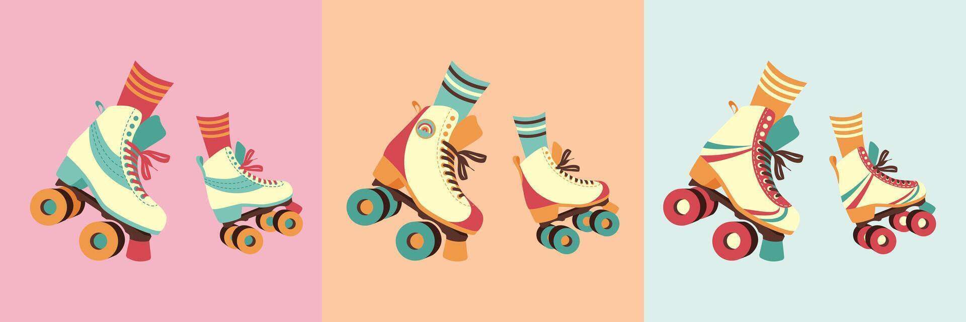 A set of roller skates on female legs with long socks in a retro palette. Women's roller skates. Vector illustration in 80s-90s style