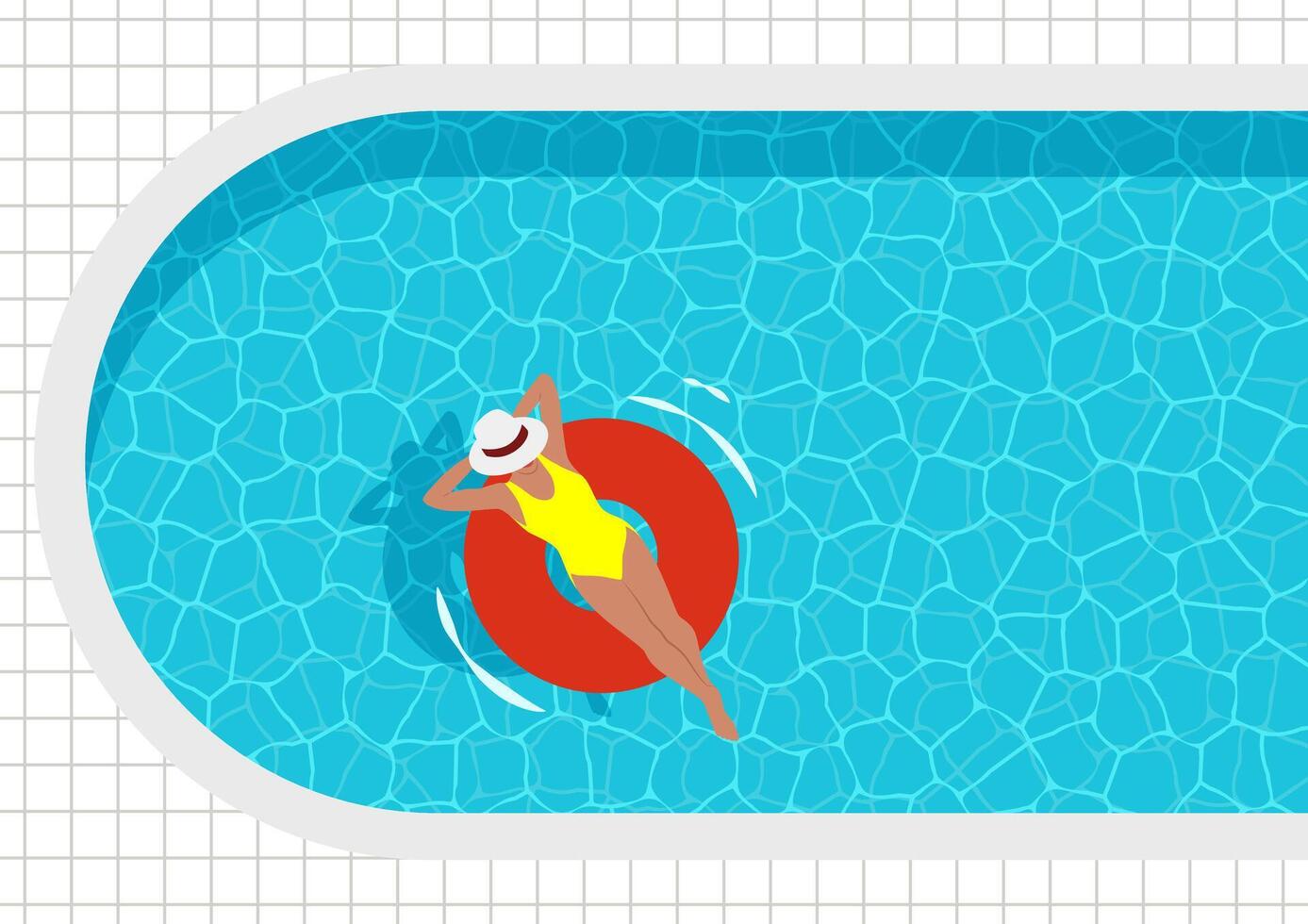 vector ilustración de un oval nadando piscina con azul agua, parte superior vista. un bronceado mujer flotadores en un inflable anillo.