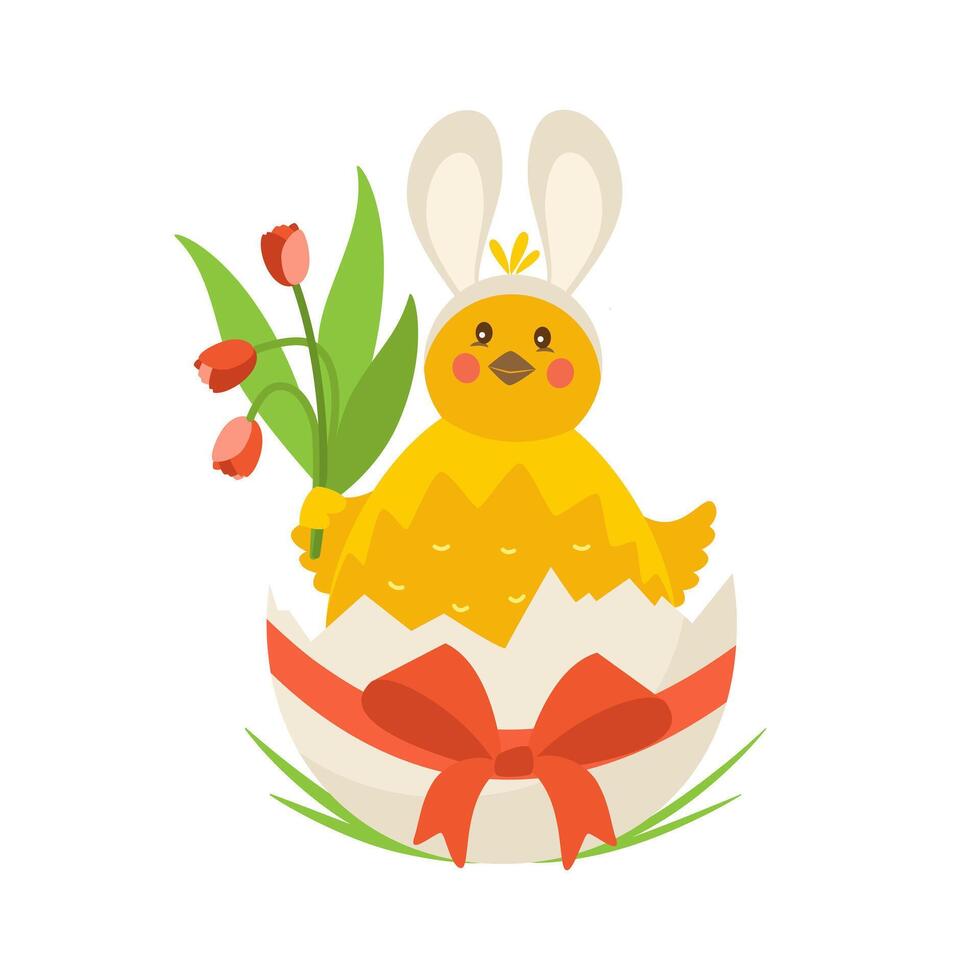 Easter card with cute chicken with flowers. Vector illustration with holiday symbols.