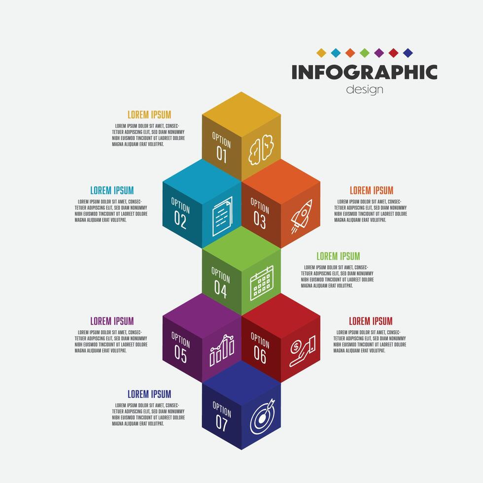 vector vistoso infografía modelo con 3d cubitos en sombras modelo para diagramas, gráficos, presentaciones y negocio concepto cartas con 7 7 opciones