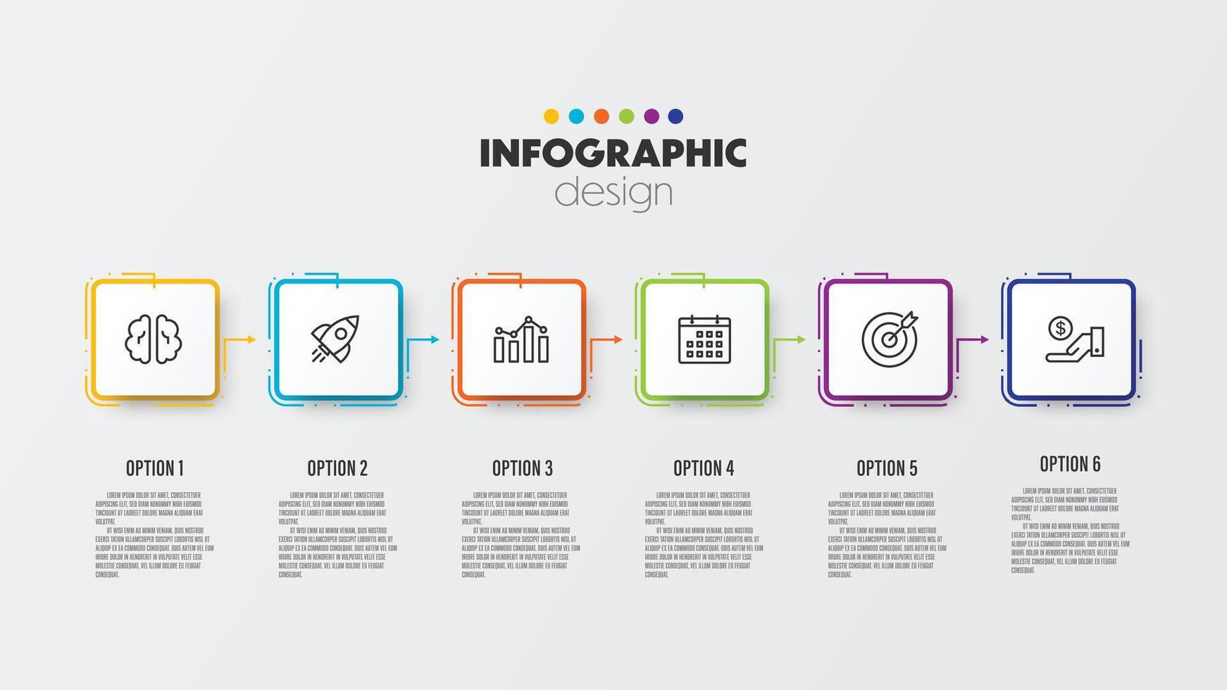 Vector timeline presentation infographic template with concept business icon 6 option square shape.