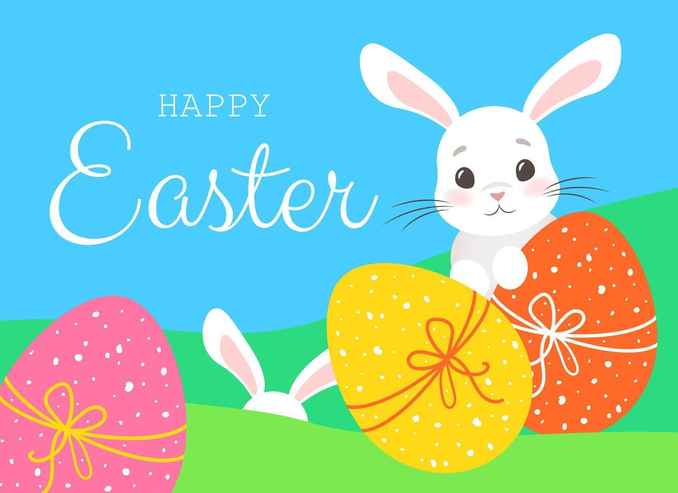 Happy Easter banner with Easter eggs and cute rabbit on blue background vector