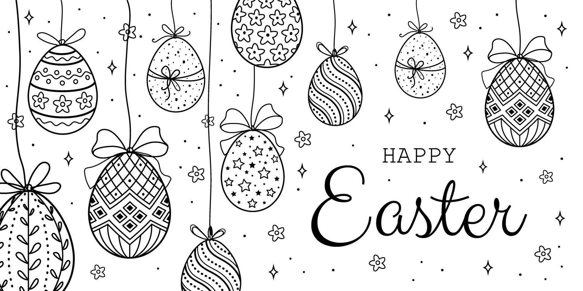 Happy Easter greeting card with hanging Easter eggs on white background vector