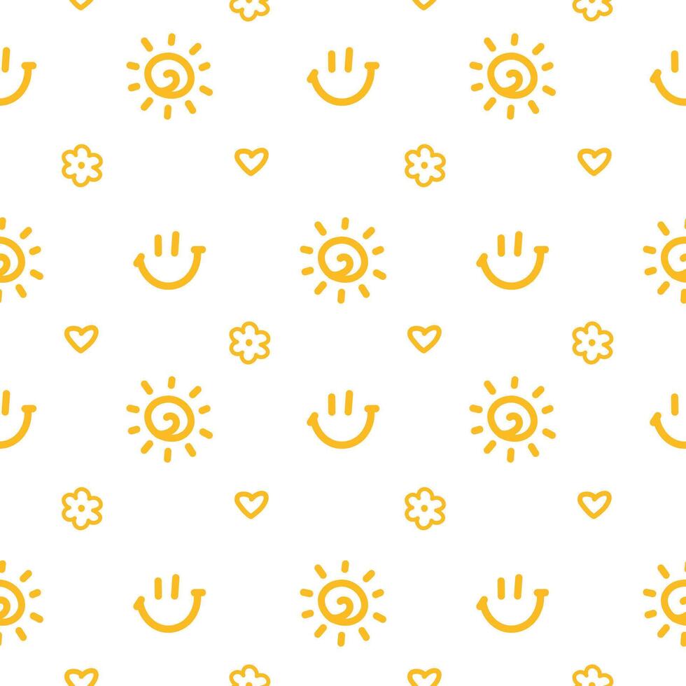 Cute line doodle seamless pattern. Hand drawn simple scribble icons in children drawing style. Collection of orange kids design elements on white background vector
