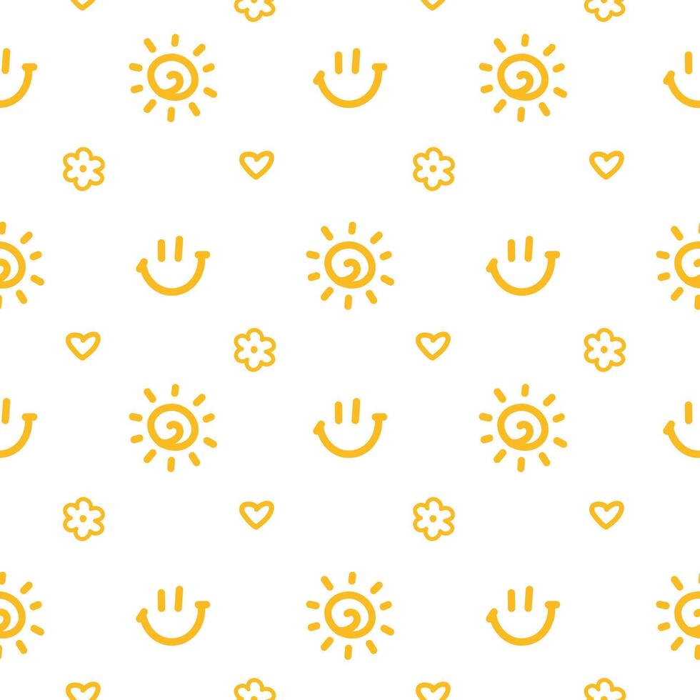 Cute line doodle seamless pattern. Hand drawn simple scribble icons in children drawing style. Collection of orange kids design elements on white background vector