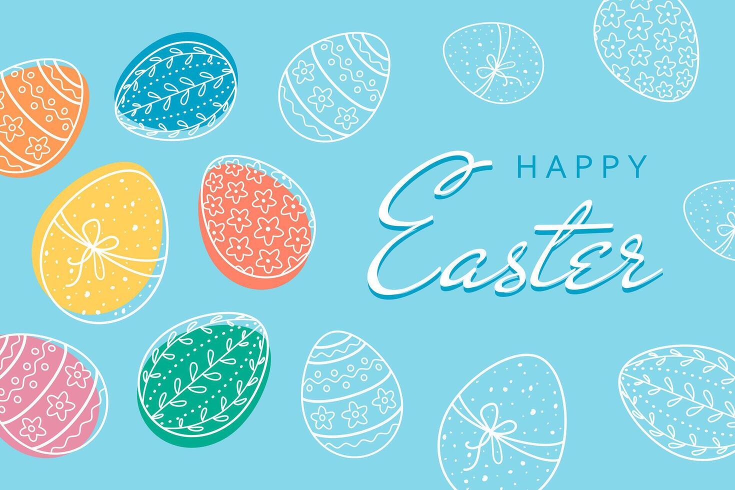 Happy Easter banner with decorative colored Easter eggs isolated on blue background. vector