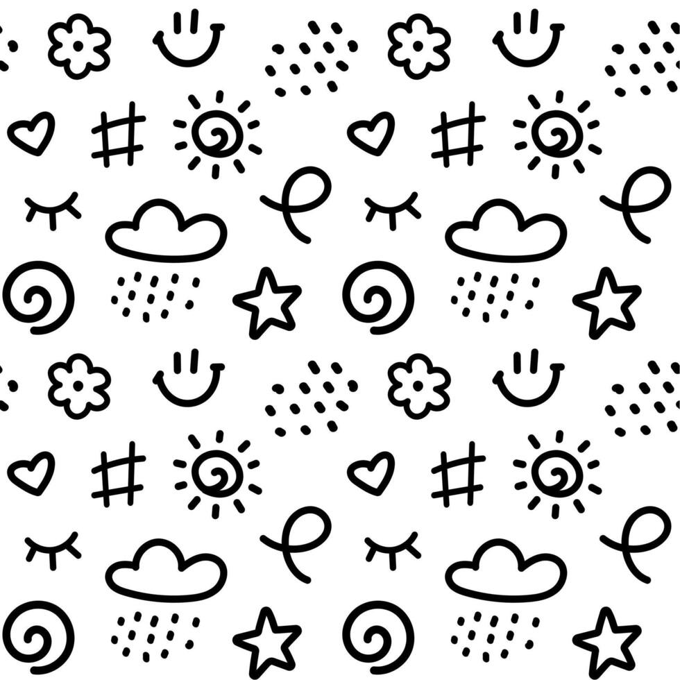 Cute line doodle seamless pattern. Simple hand drawn scribble icons in children drawing style. Collection of nursery design elements vector