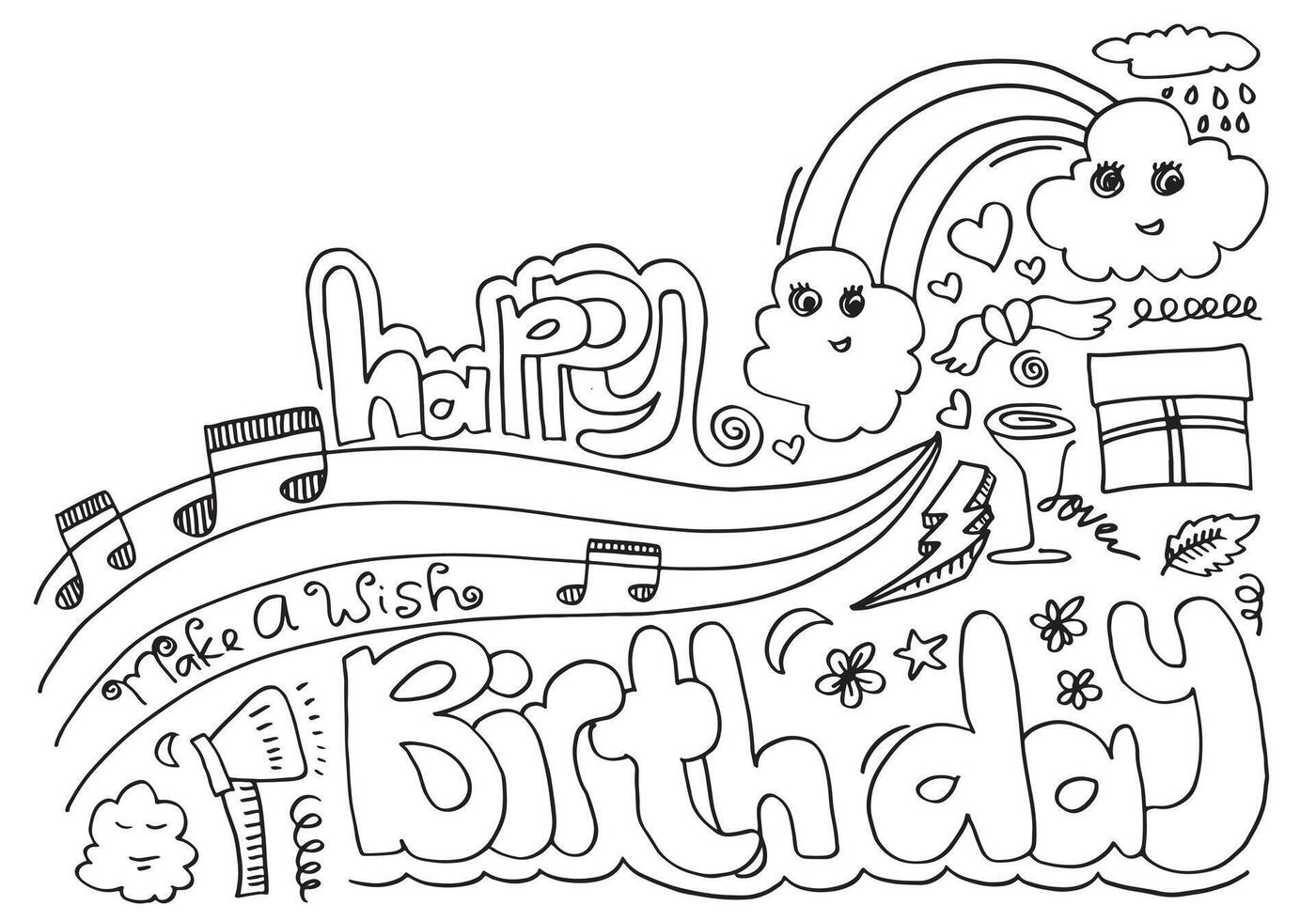Happy Birthday lettering text banner with clouds, heart, gifts, musical notes black color. Vector illustration.