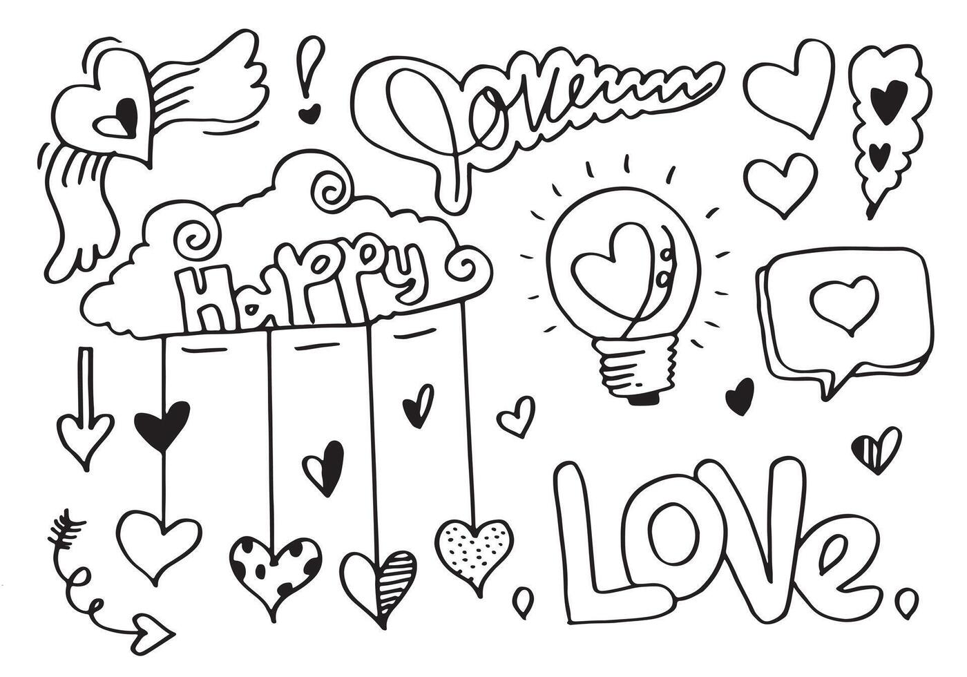 garabatos dibujados a mano para el día de san valentín. colección de hermosos corazones y escritos de amor sobre fondo blanco. ilustración vectorial vector