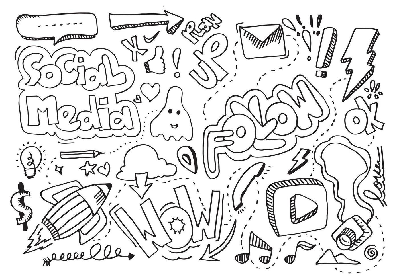 conjunto de dibujos animados de doodle de arte de línea vectorial de objetos y símbolos sobre el tema de las redes sociales. vector