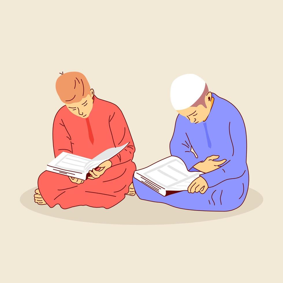 Peaceful muslim reading the quran together vector