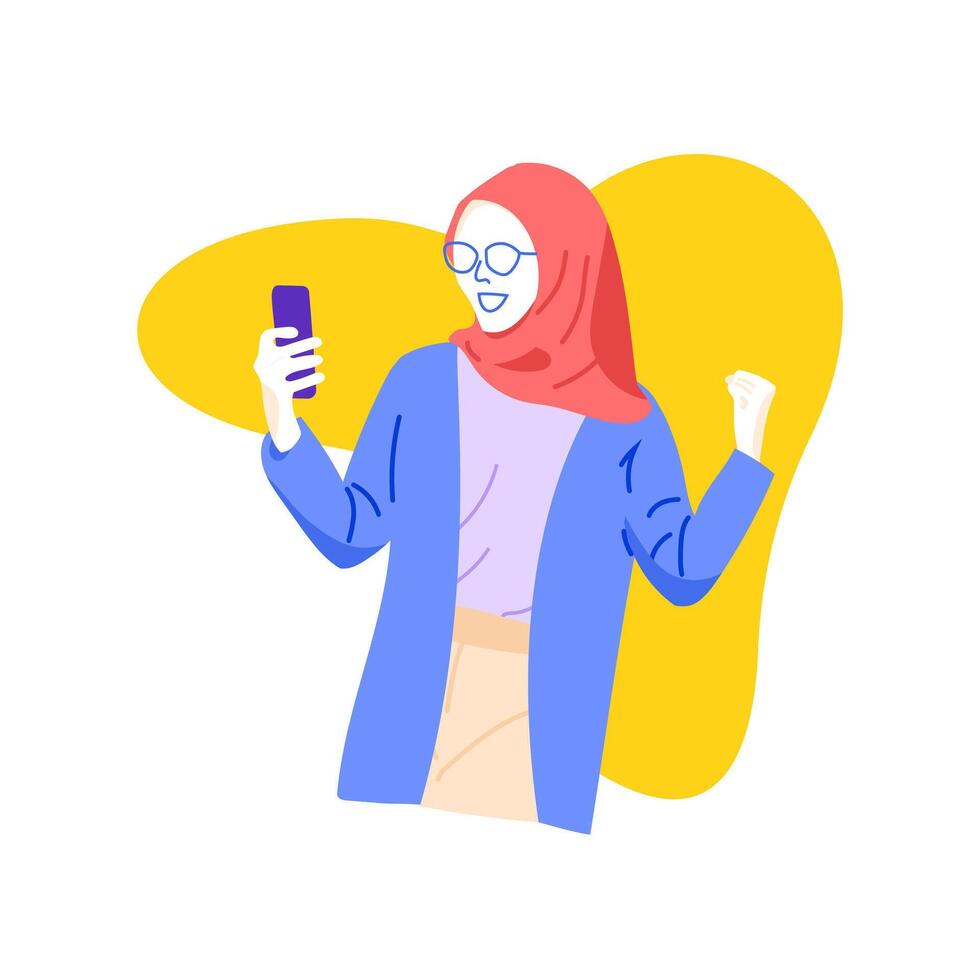 Vector young woman holding a cellphone cheerfully