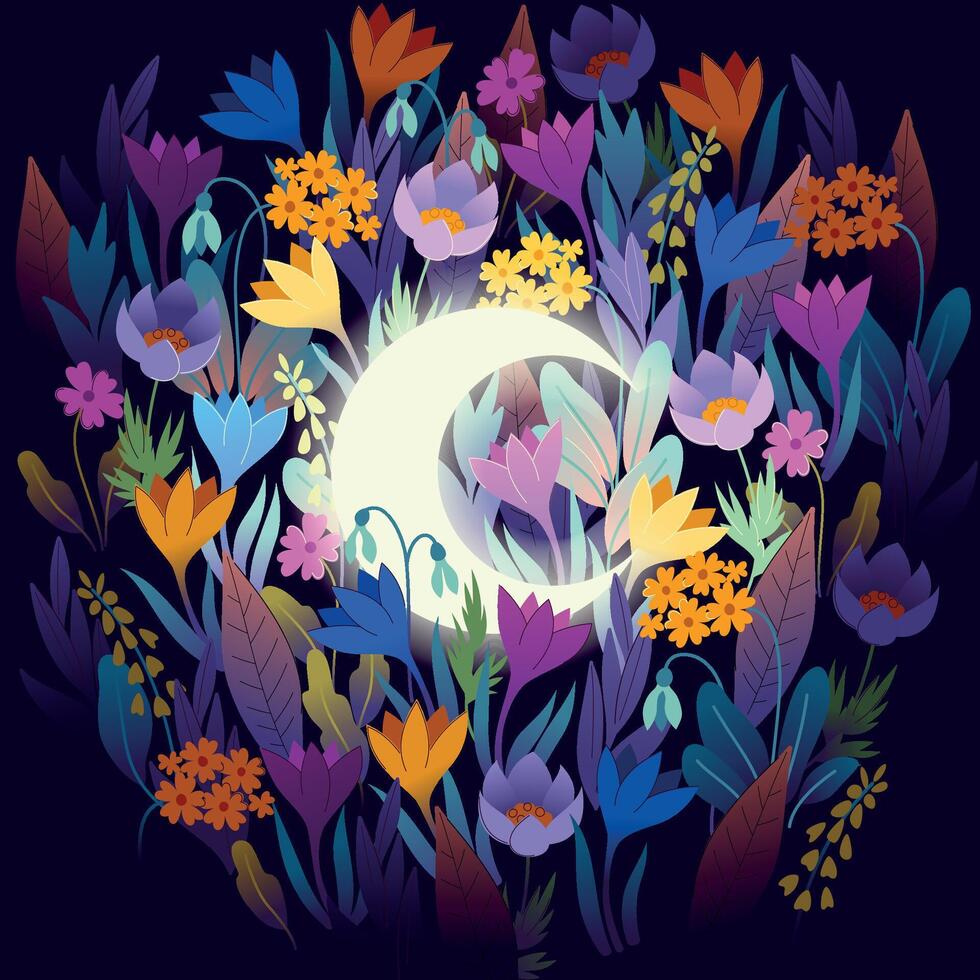 Vector card with spring flowers and glowing moon