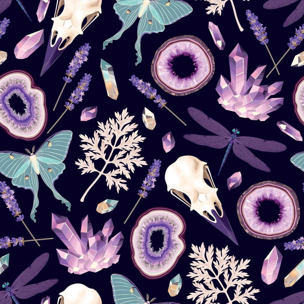 Vector seamless pattern with crystals and moths