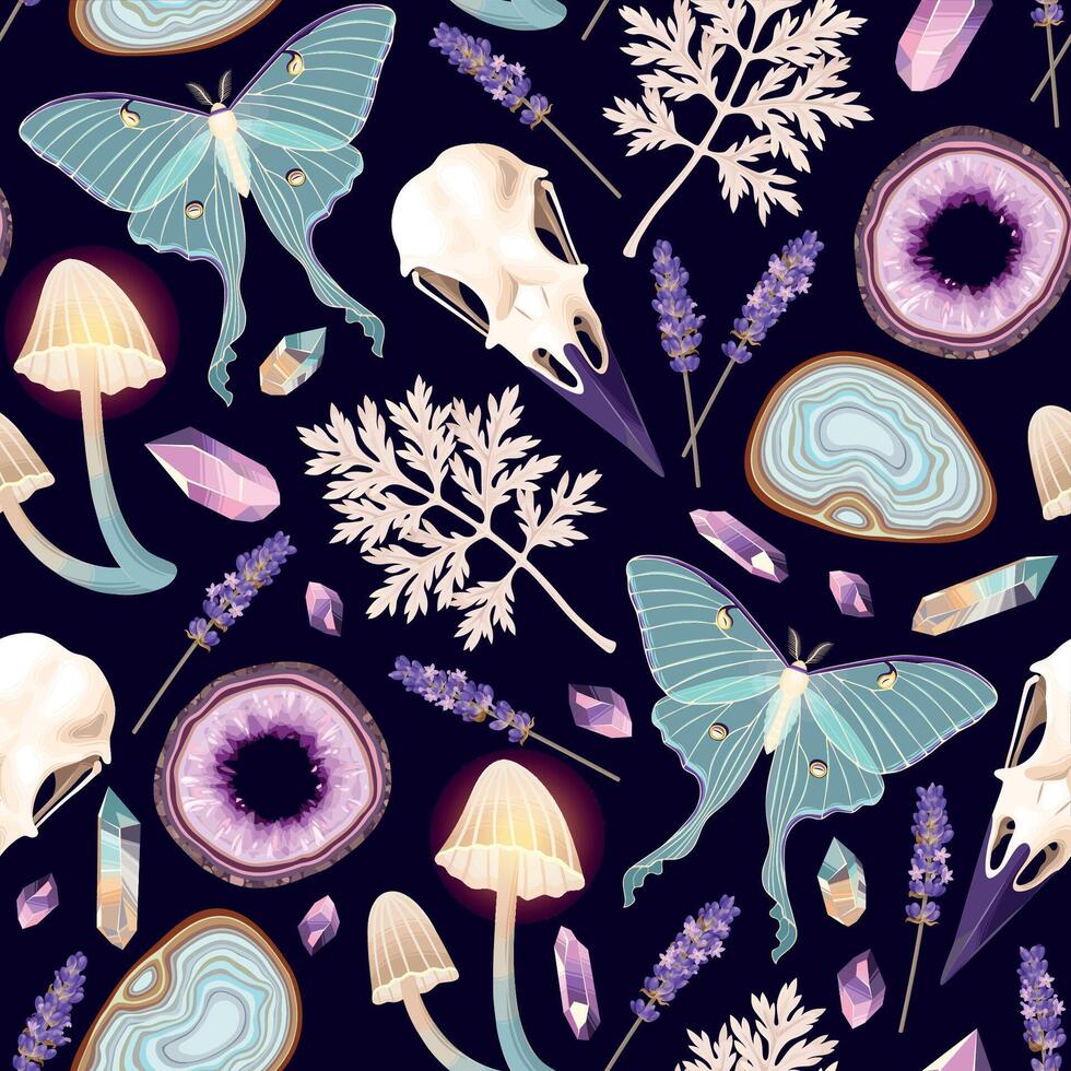 Vector seamless pattern with geodes and moths