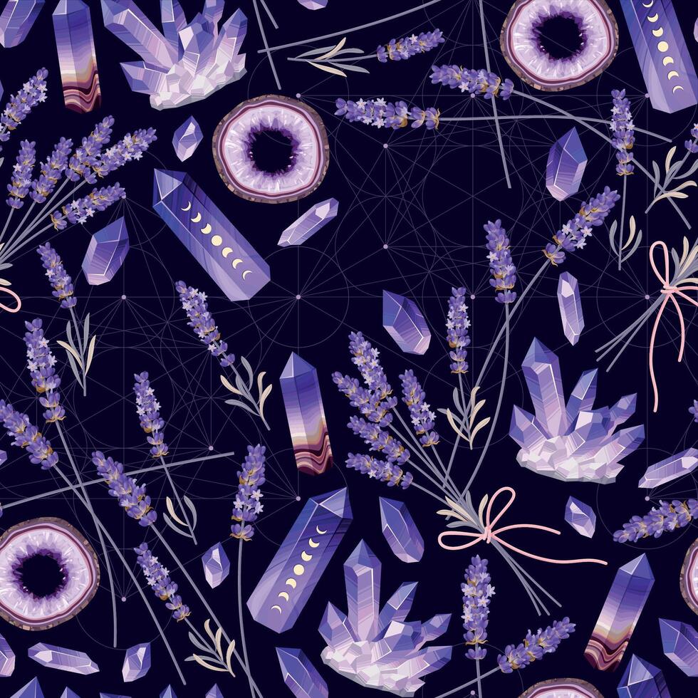 Vector seamless pattern with lavender and geodes