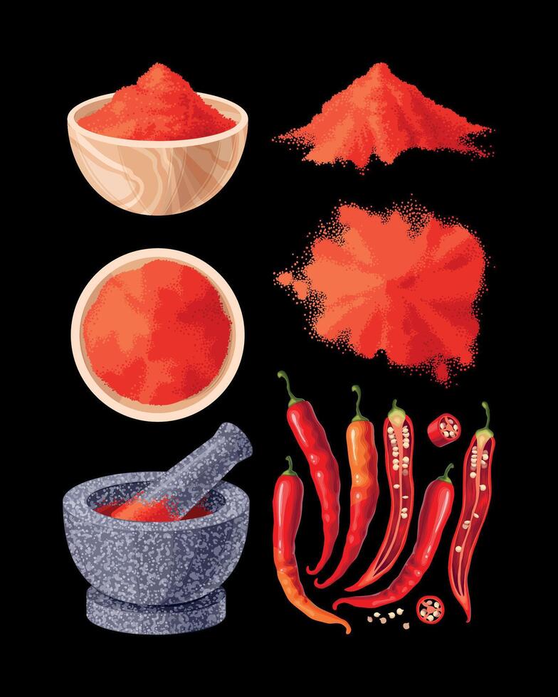 Vector set of chili peppers and powder