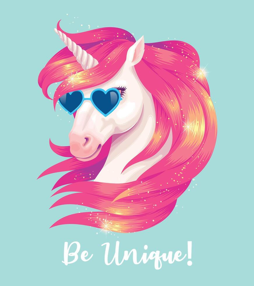 Illustration of cute white unicorn with pink hair vector