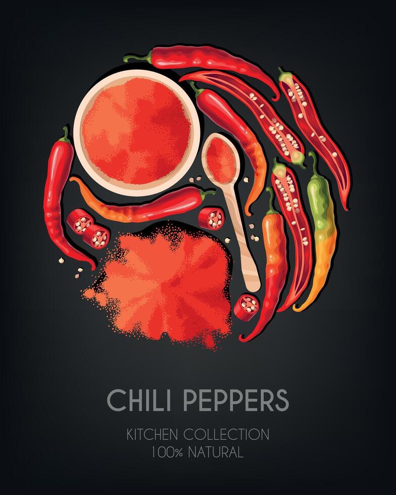 Vector set of chili peppers and powder