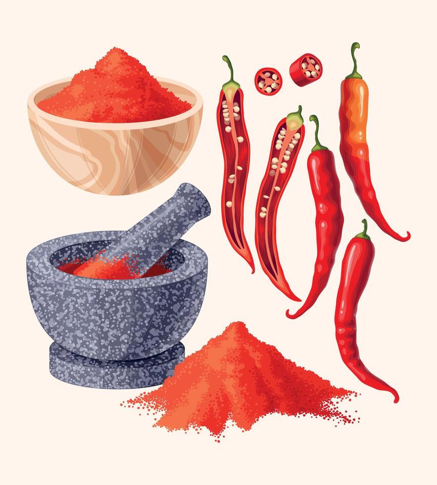 Vector set of chilli peppers and powder
