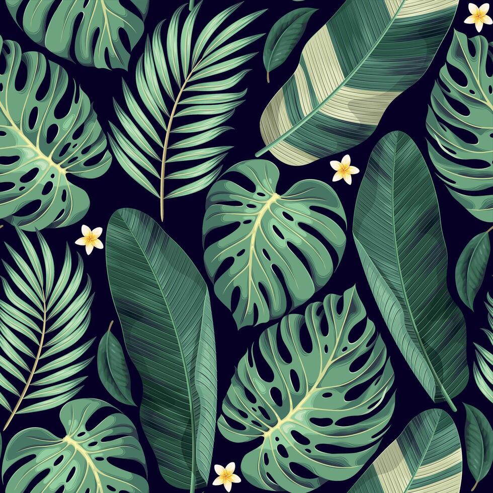 Vector seamless pattern with green tropical leaves