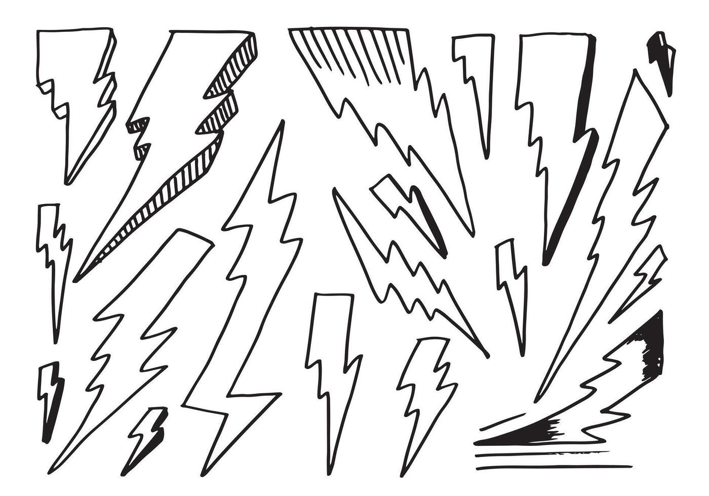 set of hand drawn vector doodle electric lightning bolt symbol sketch illustrations. thunder symbol doodle icon.