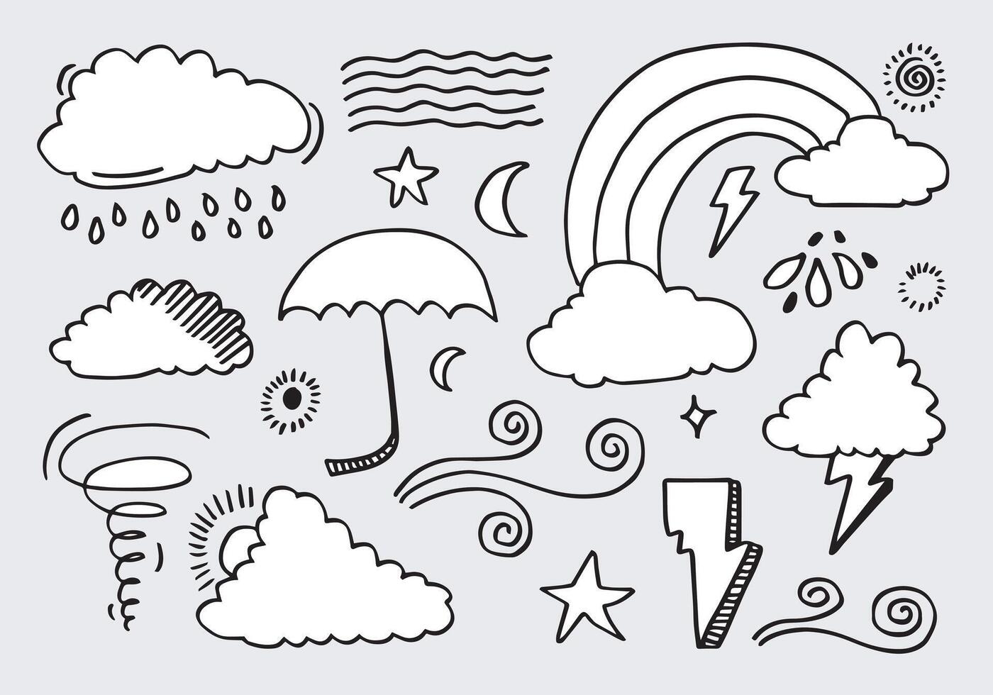 Hand drawn weather collection. Flat style vector illustration on grey background.
