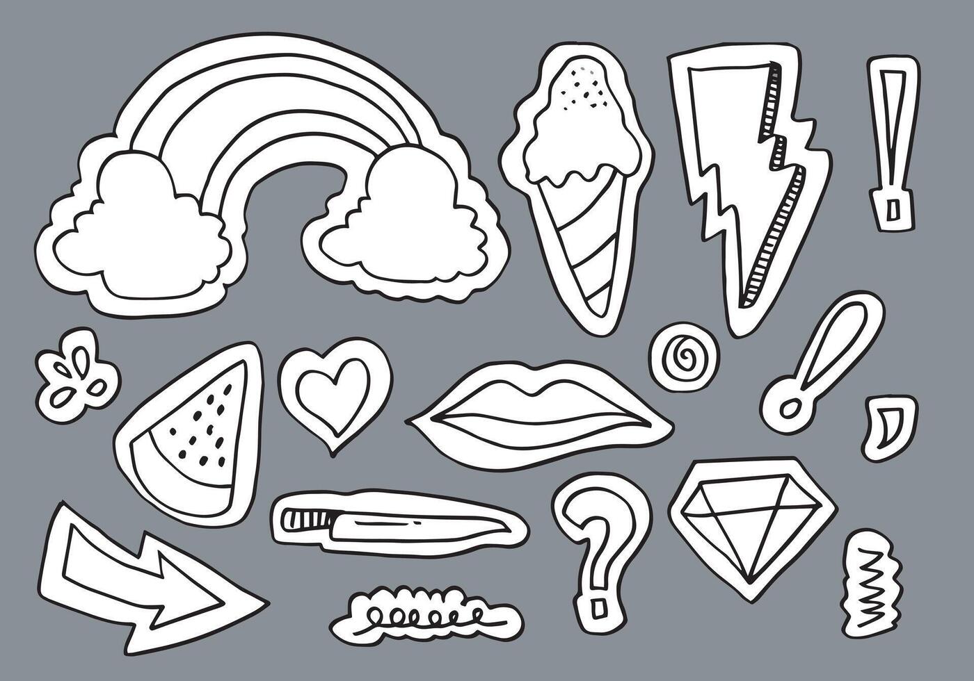 Collection of stickers with doodle style. Set of cartoon stickers, patches, badges, pins, prints for kids. Doodle style. Vector illustration.